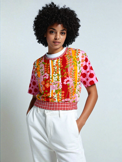 My Dream in Red Stripe Floral Eco-Poly Short Sleeve Cropped Pullover