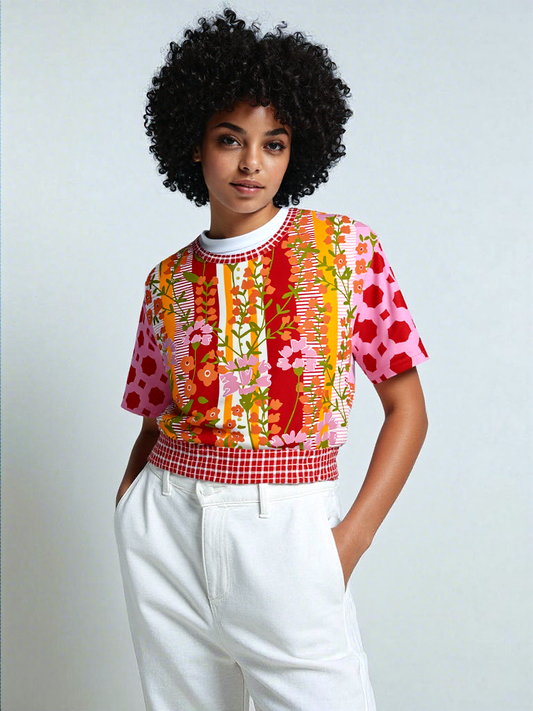 My Dream in Red Stripe Floral Eco-Poly Short Sleeve Cropped Pullover