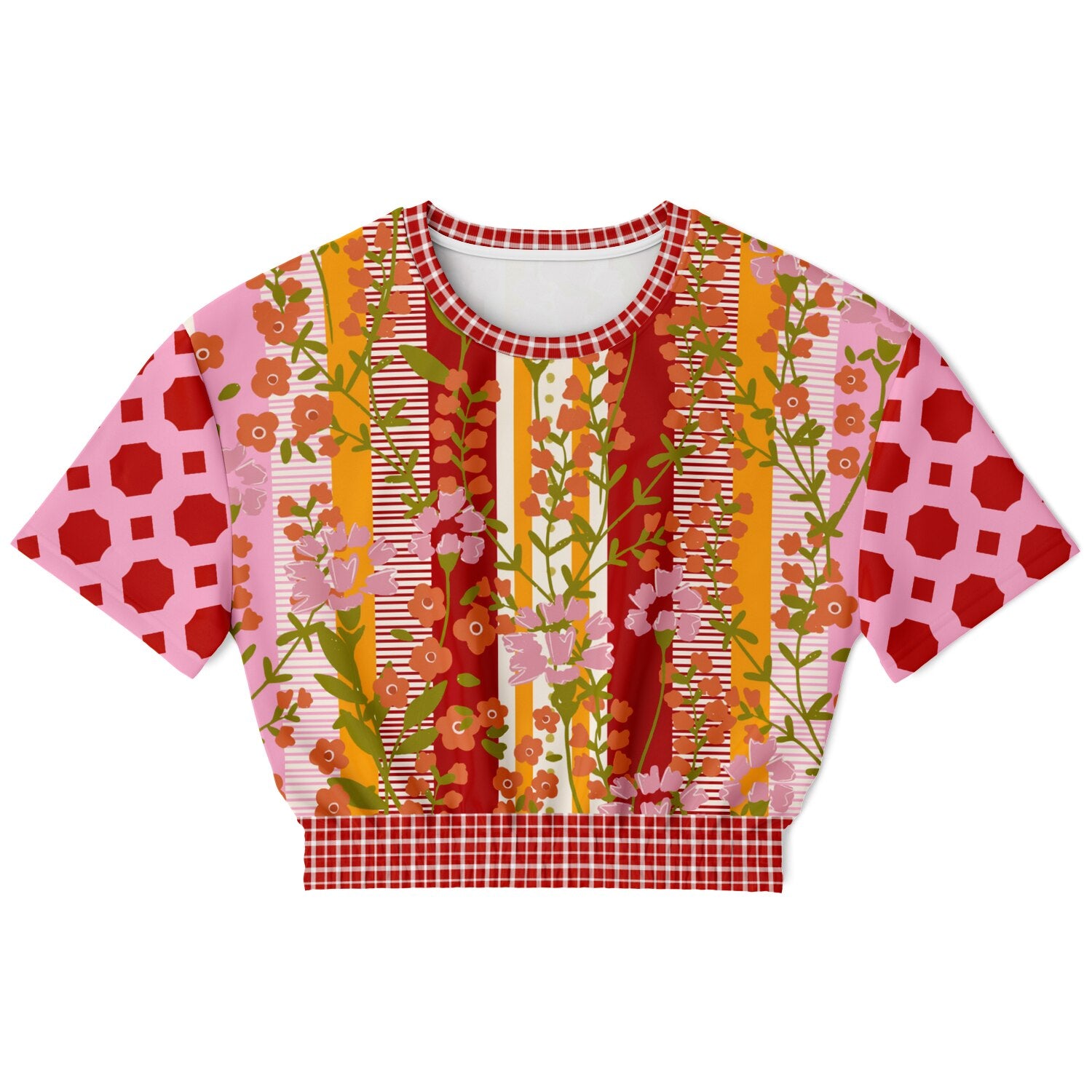 My Dream in Red Stripe Floral Eco-Poly Short Sleeve Cropped Pullover