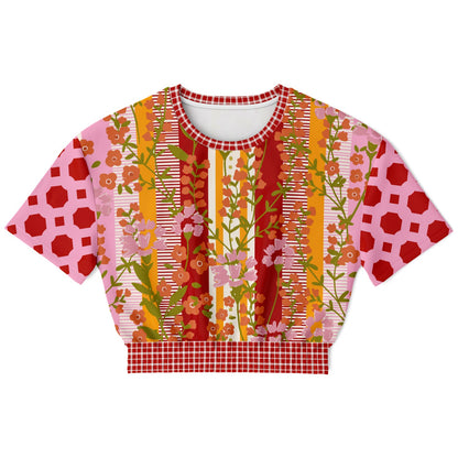My Dream in Red Stripe Floral Eco-Poly Short Sleeve Cropped Pullover