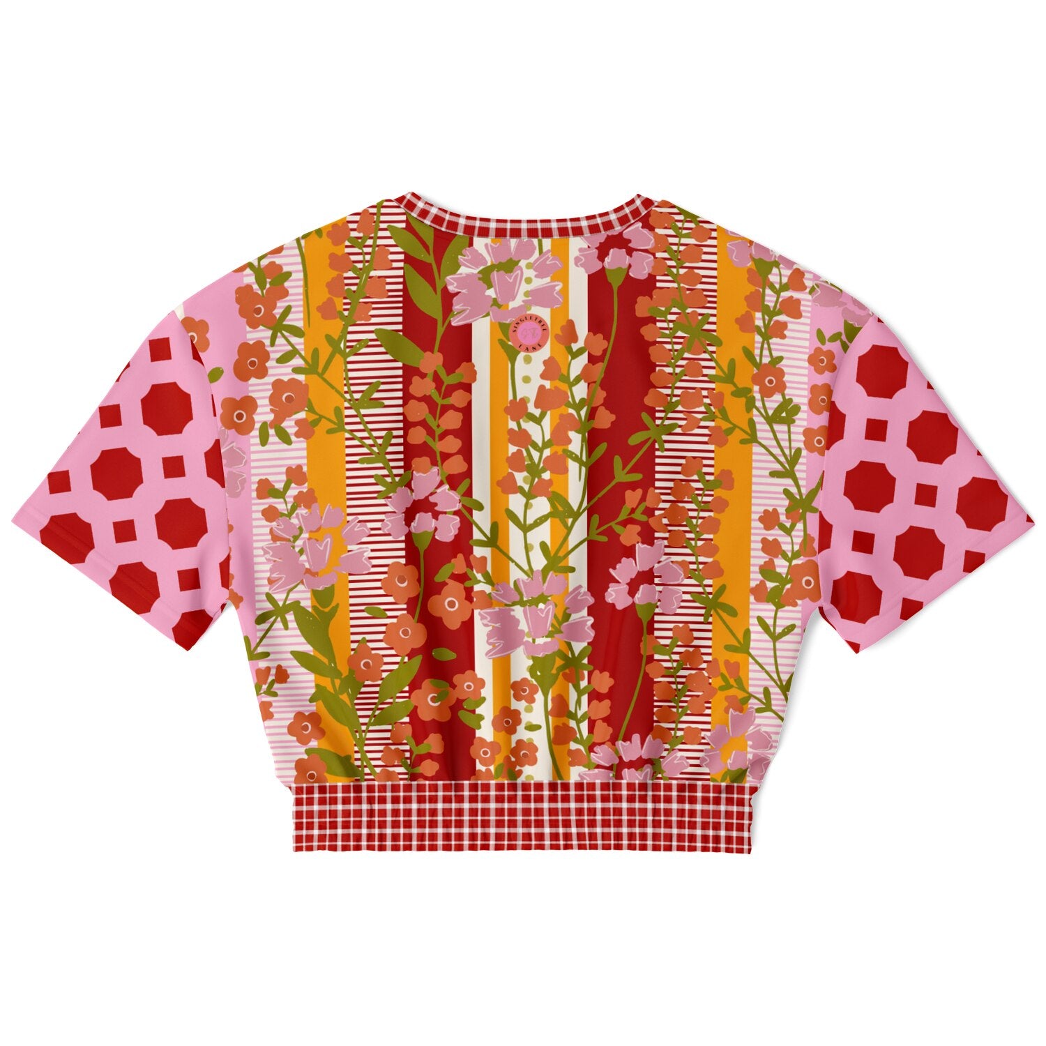 My Dream in Red Stripe Floral Eco-Poly Short Sleeve Cropped Pullover