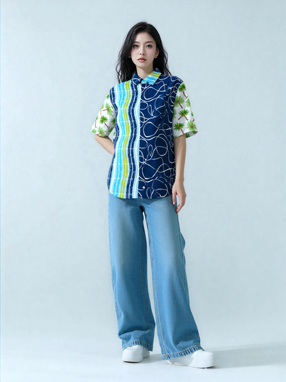 Mykonos Striped Graffiti Print Short Sleeve Button Down Shirt