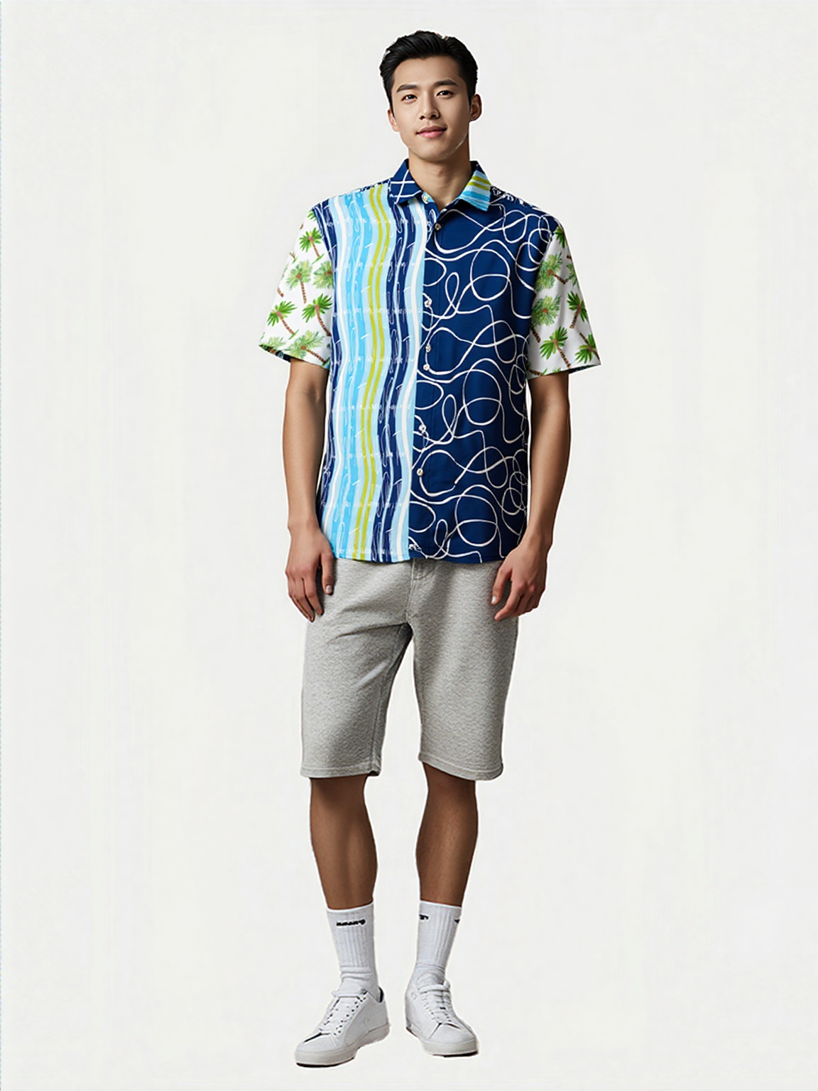 Mykonos Striped Graffiti Print Short Sleeve Button Down Shirt