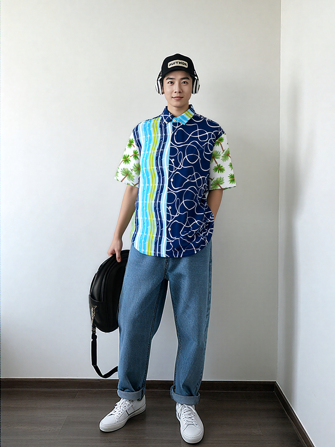 Mykonos Striped Graffiti Print Short Sleeve Button Down Shirt