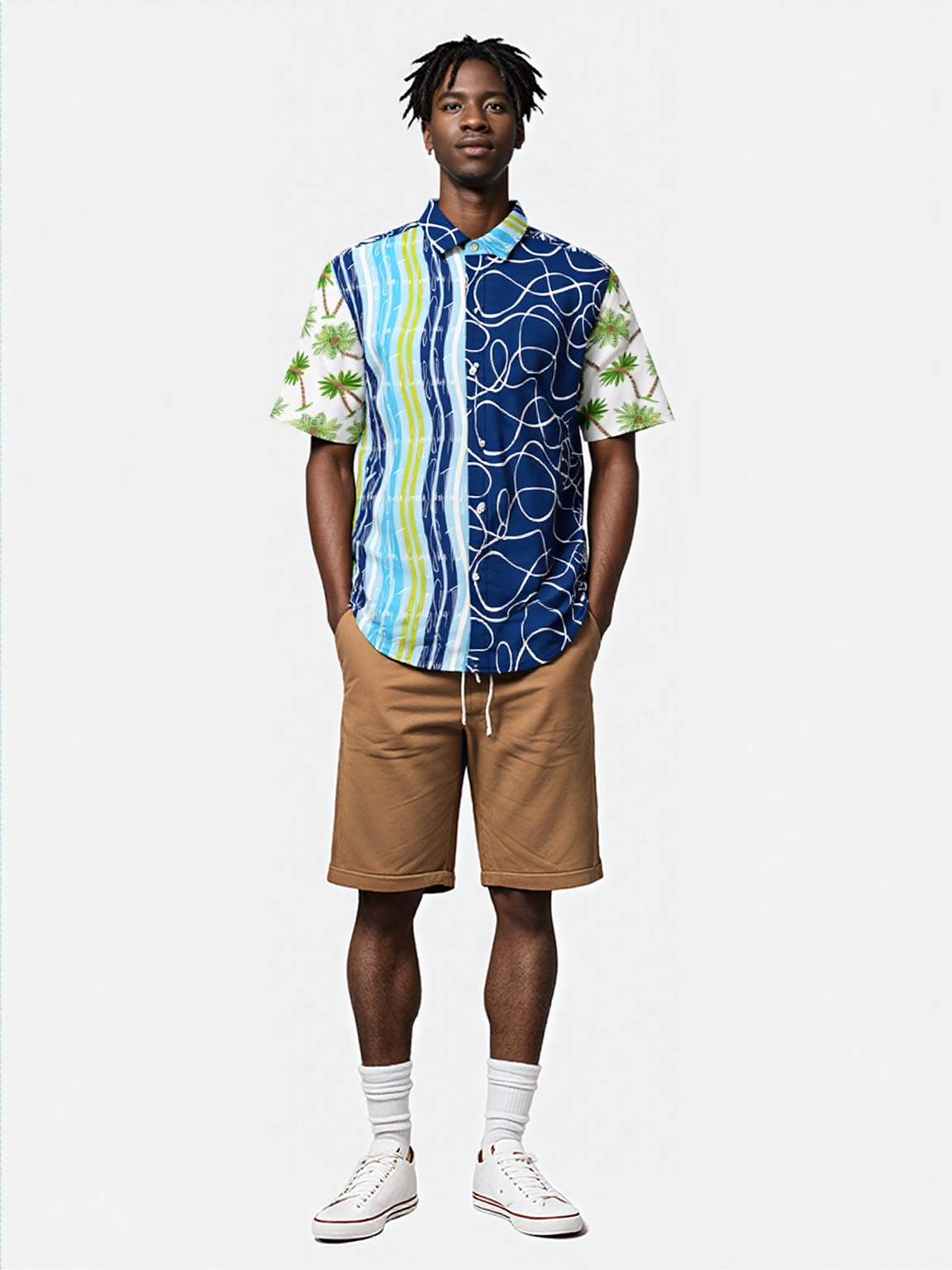 Mykonos Striped Graffiti Print Short Sleeve Button Down Shirt