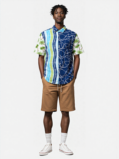 Mykonos Striped Graffiti Print Short Sleeve Button Down Shirt