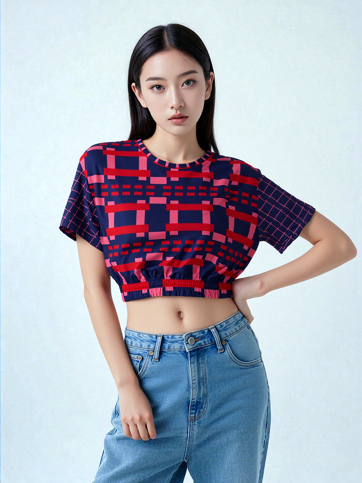Navy and Coral Square Olympia Plaid Eco-Poly Short Sleeve Cropped Pullover