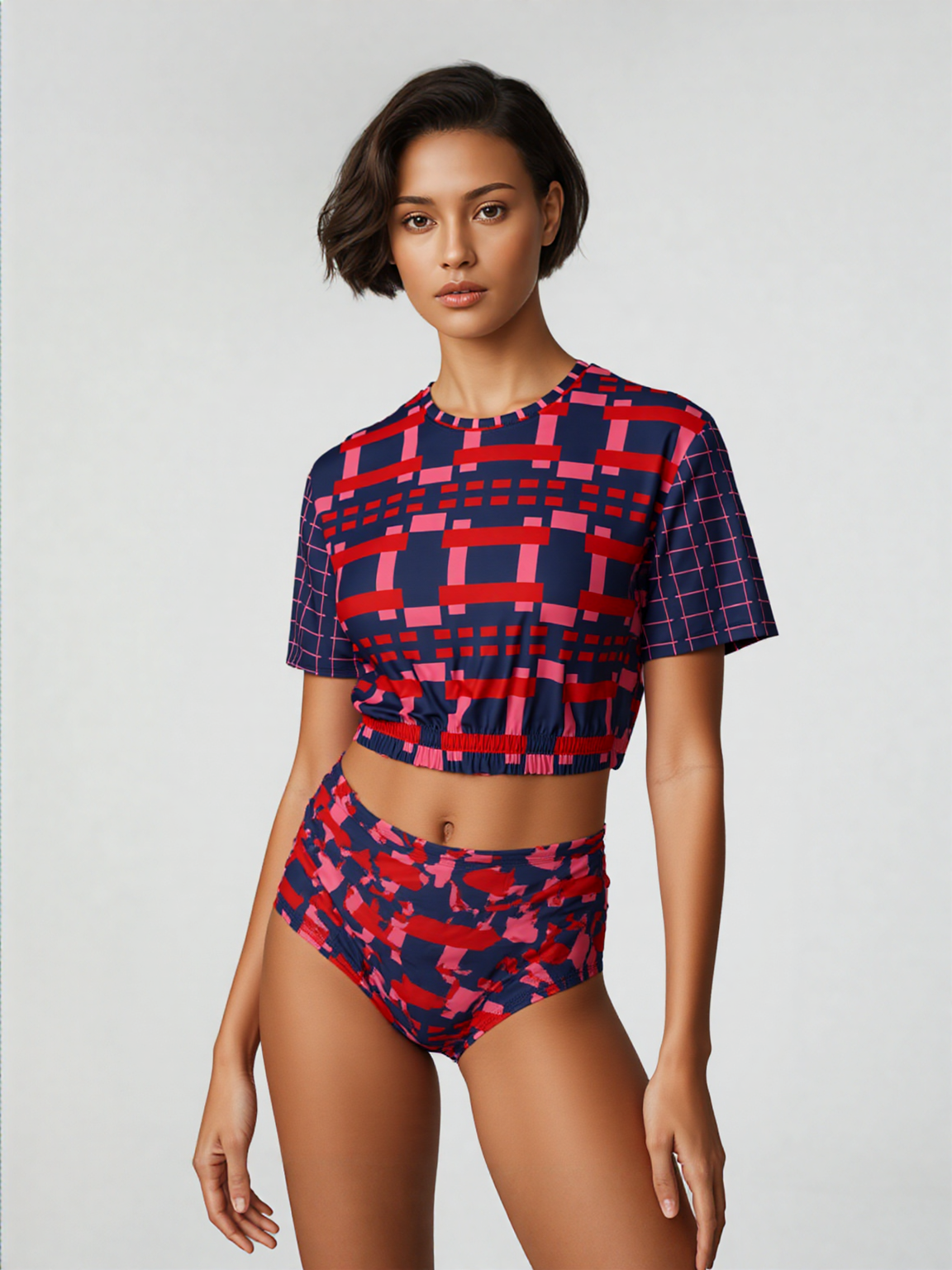 Navy and Coral Square Olympia Plaid Eco-Poly Short Sleeve Cropped Pullover