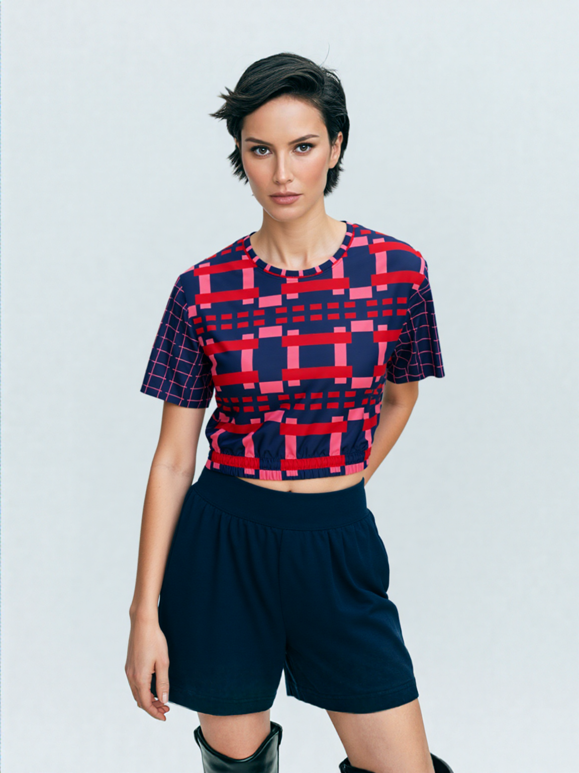 Navy and Coral Square Olympia Plaid Eco-Poly Short Sleeve Cropped Pullover