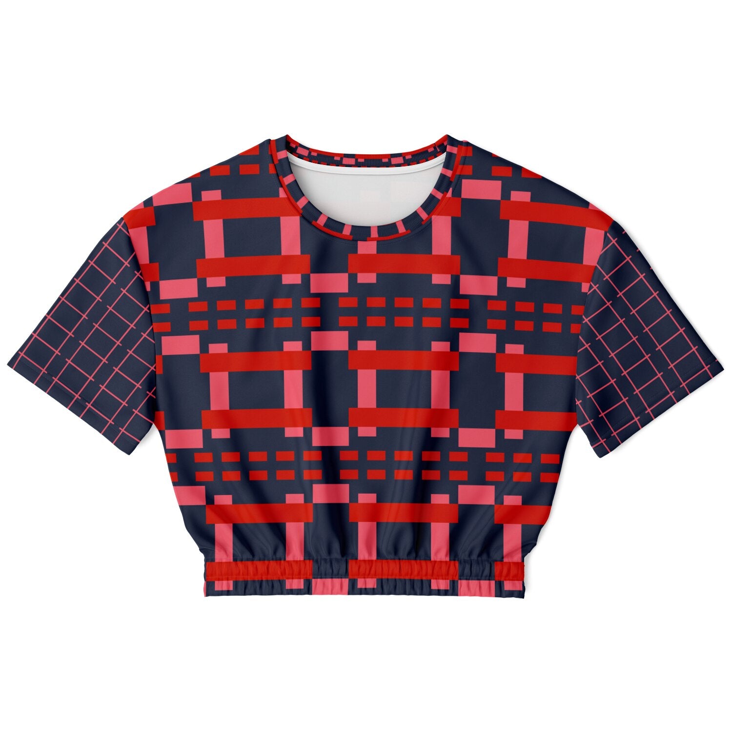 Navy and Coral Square Olympia Plaid Eco-Poly Short Sleeve Cropped Pullover