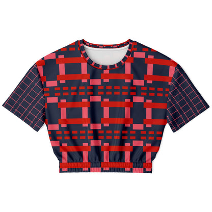 Navy and Coral Square Olympia Plaid Eco-Poly Short Sleeve Cropped Pullover