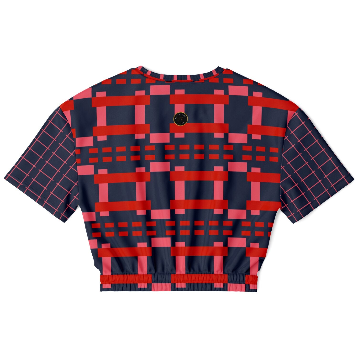 Navy and Coral Square Olympia Plaid Eco-Poly Short Sleeve Cropped Pullover