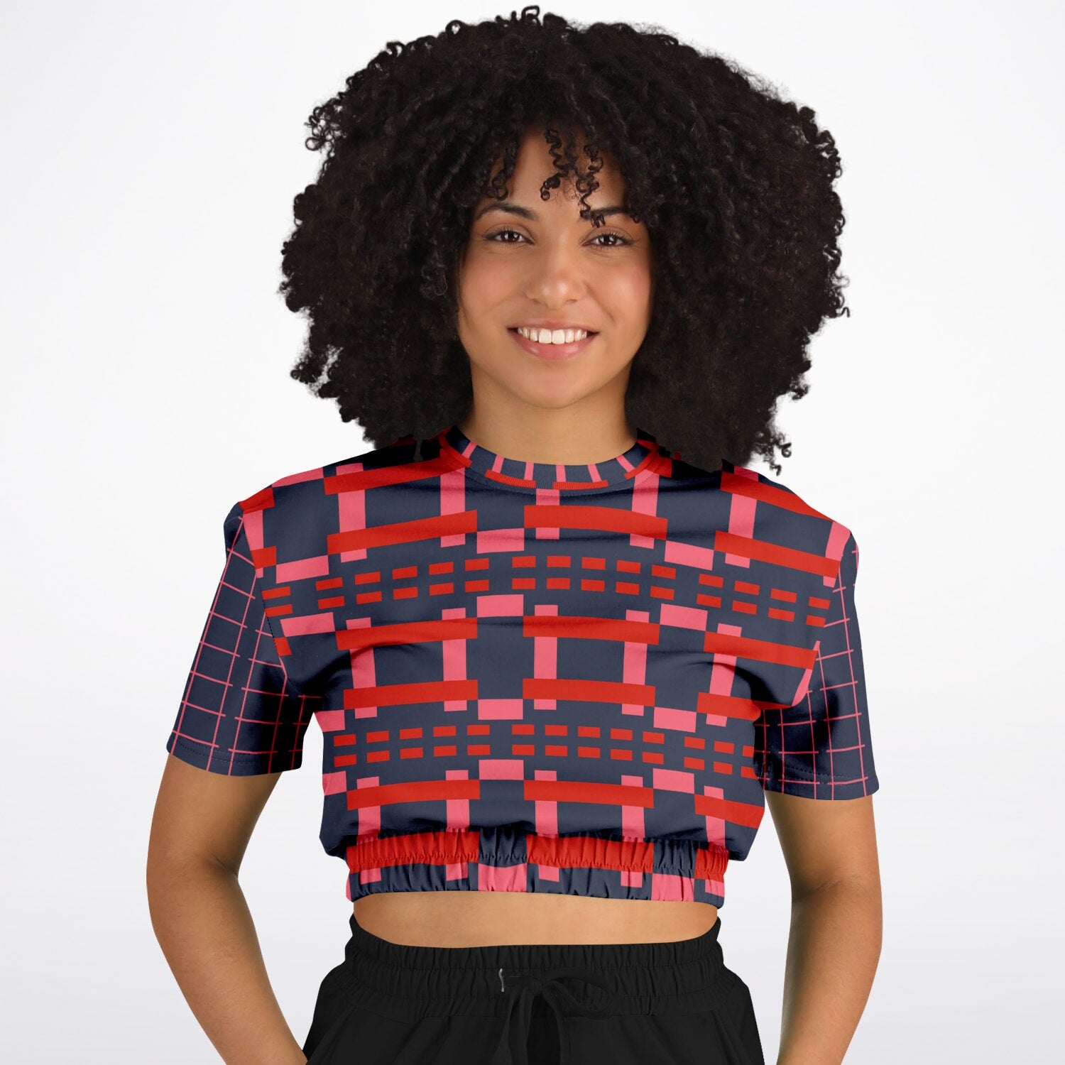Navy and Coral Square Olympia Plaid Eco-Poly Short Sleeve Cropped Pullover