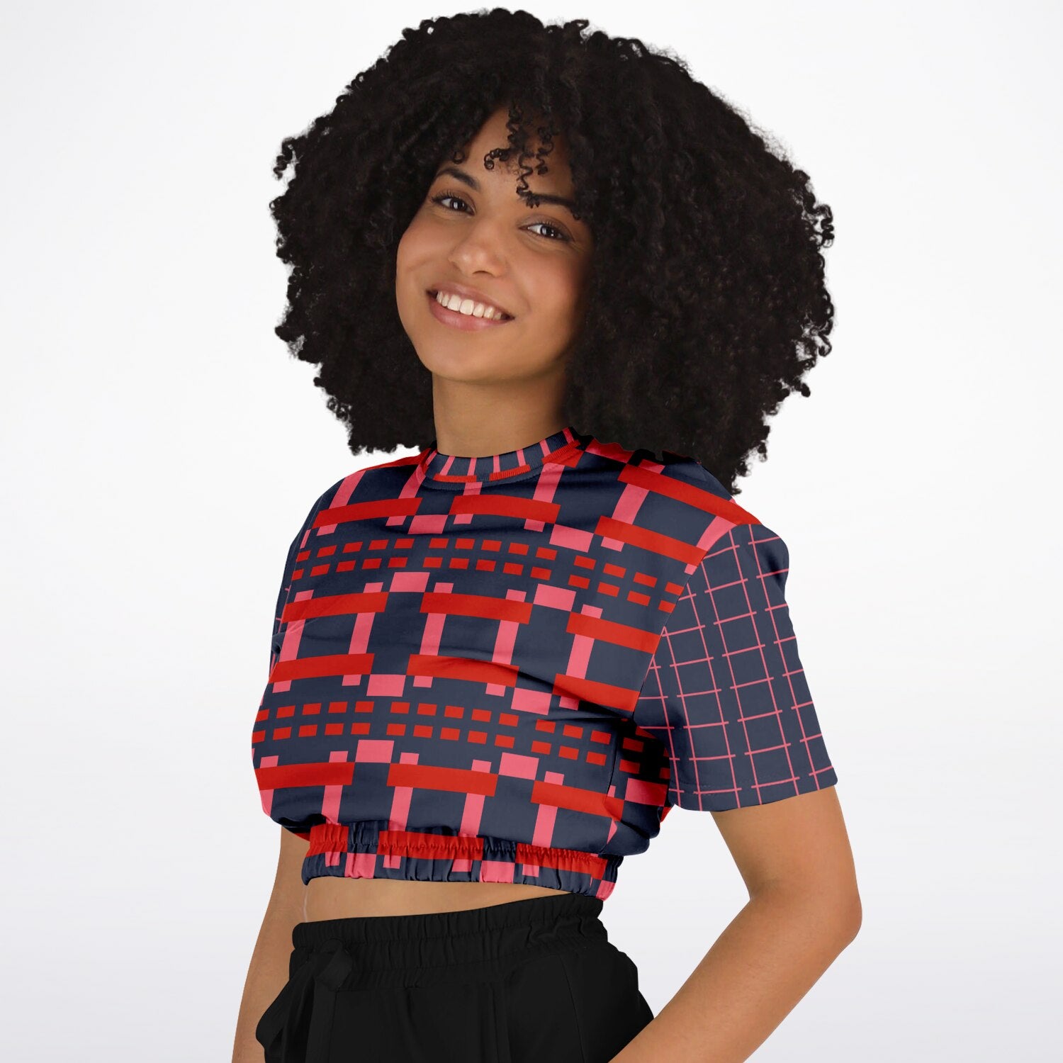 Navy and Coral Square Olympia Plaid Eco-Poly Short Sleeve Cropped Pullover