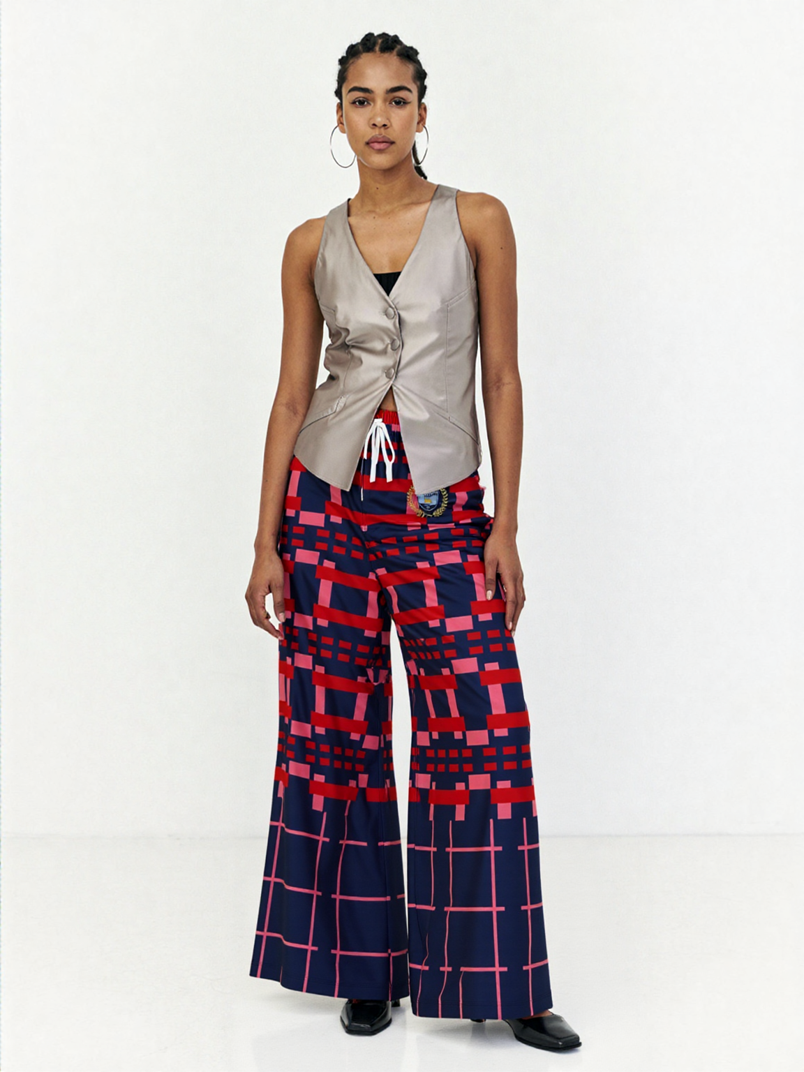 Navy and Coral Square Olympia Plaid Eco-Poly Wide Leg Pants