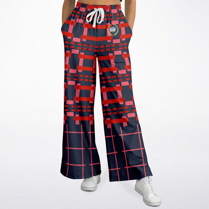 Navy and Coral Square Olympia Plaid Eco-Poly Wide Leg Pants