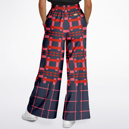 Navy and Coral Square Olympia Plaid Eco-Poly Wide Leg Pants