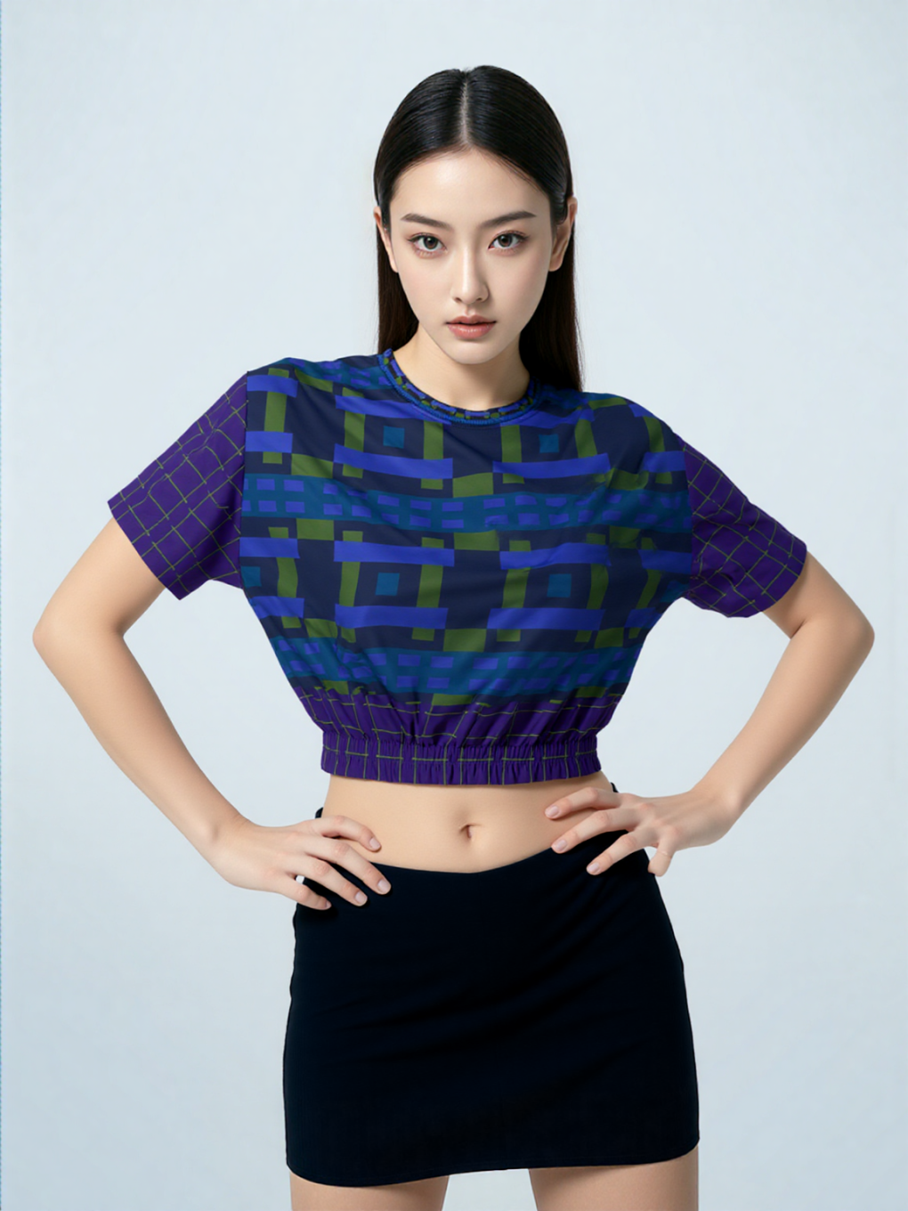 Navy and Green Square Olympia Plaid Eco-Poly Short Sleeve Cropped Pullover