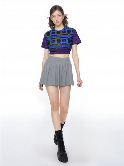 Navy and Green Square Olympia Plaid Eco-Poly Short Sleeve Cropped Pullover