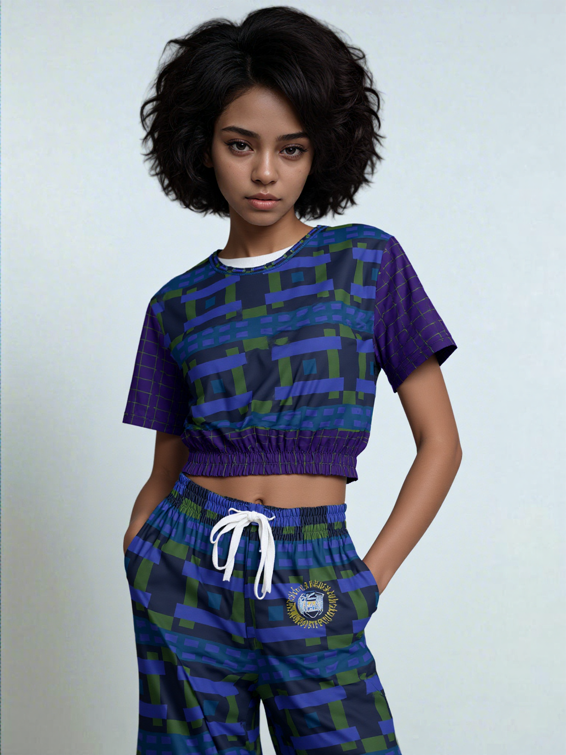 Navy and Green Square Olympia Plaid Eco-Poly Short Sleeve Cropped Pullover