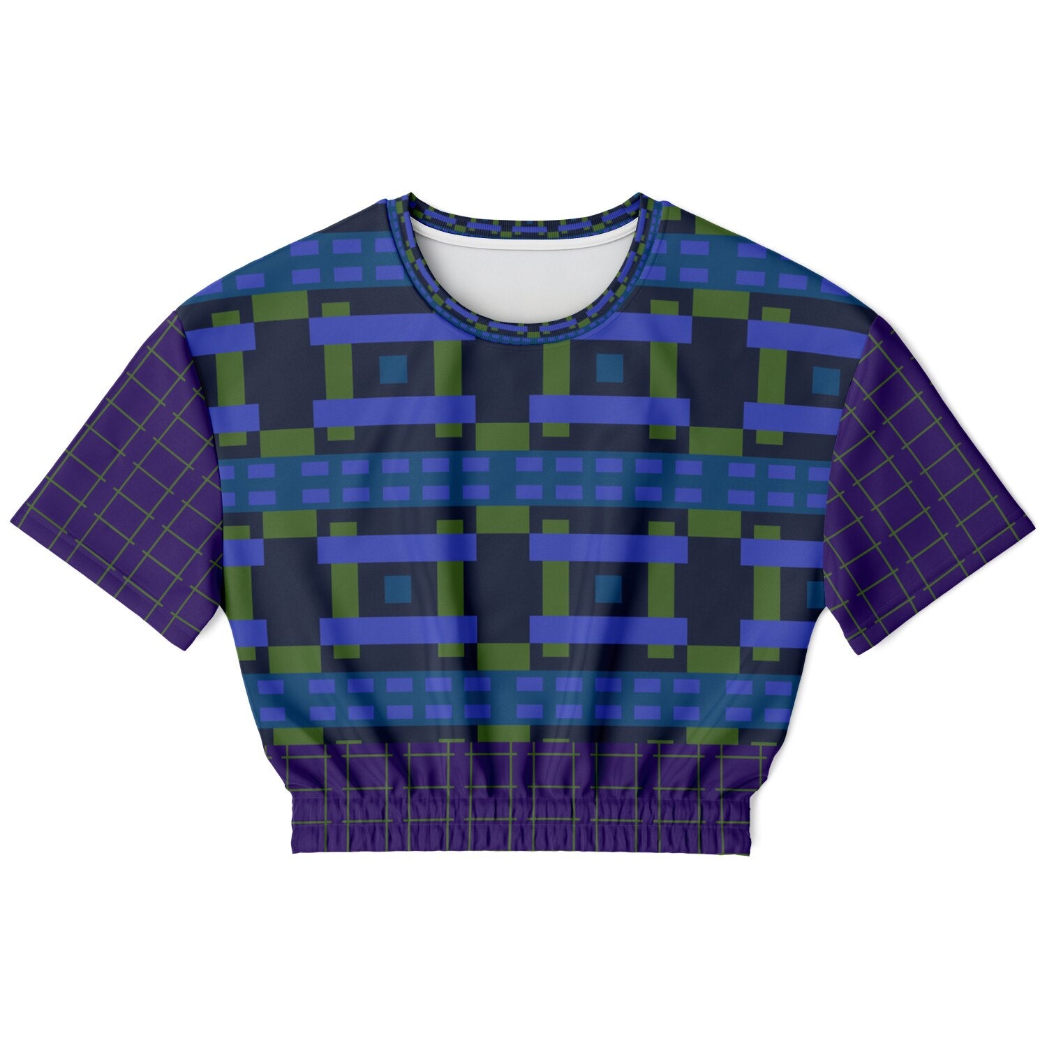 Navy and Green Square Olympia Plaid Eco-Poly Short Sleeve Cropped Pullover
