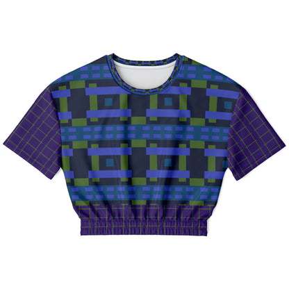 Navy and Green Square Olympia Plaid Eco-Poly Short Sleeve Cropped Pullover
