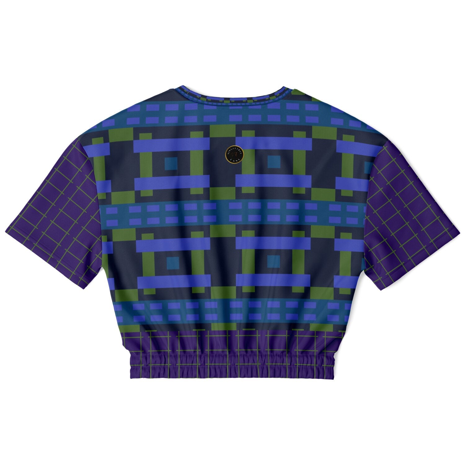 Navy and Green Square Olympia Plaid Eco-Poly Short Sleeve Cropped Pullover