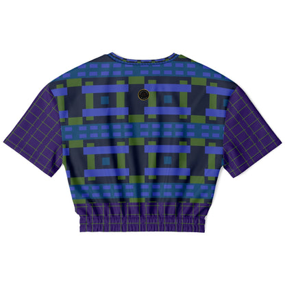 Navy and Green Square Olympia Plaid Eco-Poly Short Sleeve Cropped Pullover
