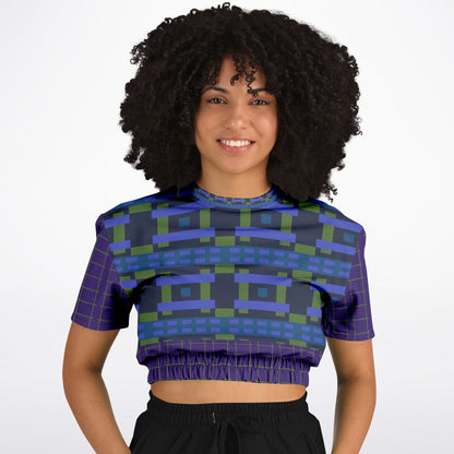 Navy and Green Square Olympia Plaid Eco-Poly Short Sleeve Cropped Pullover