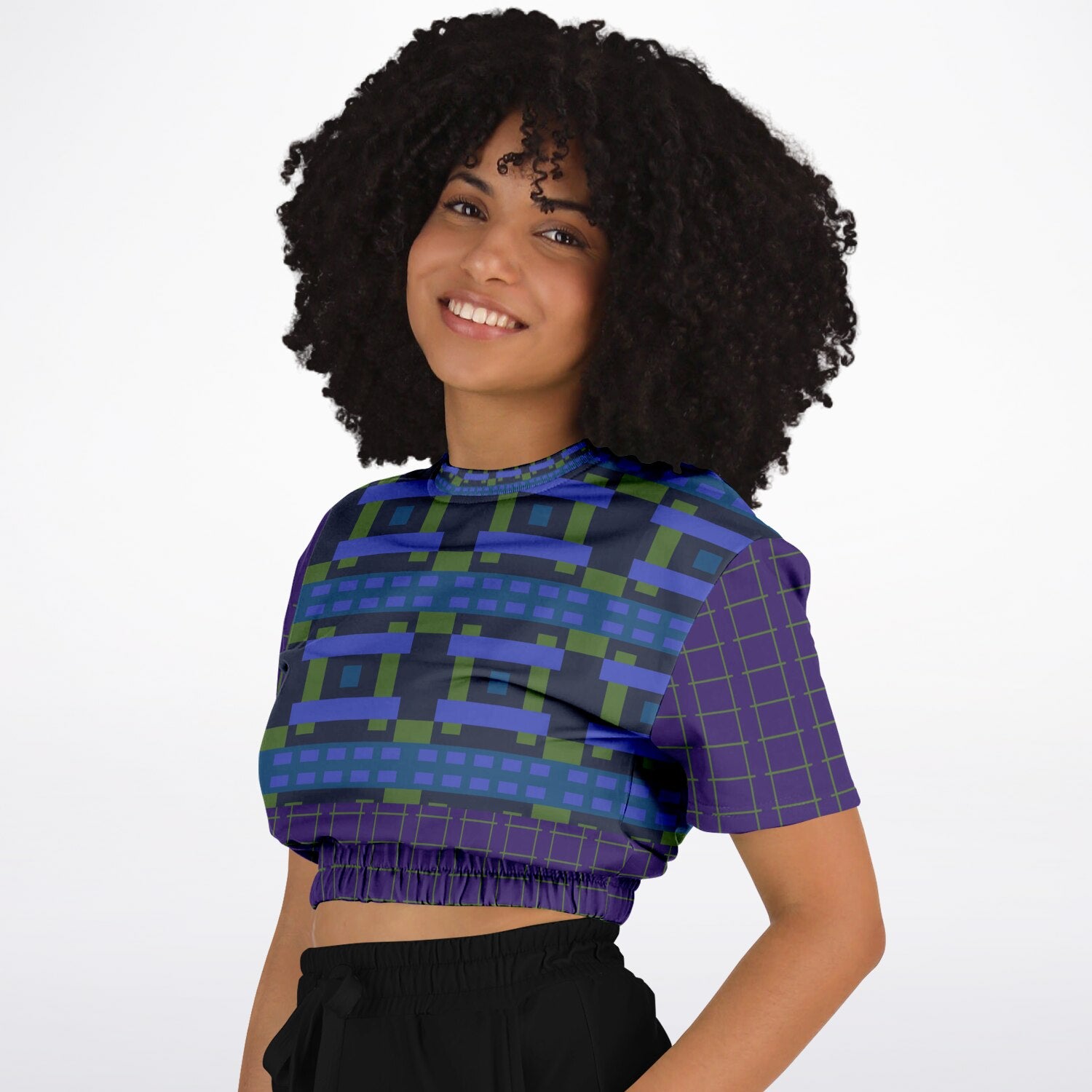 Navy and Green Square Olympia Plaid Eco-Poly Short Sleeve Cropped Pullover