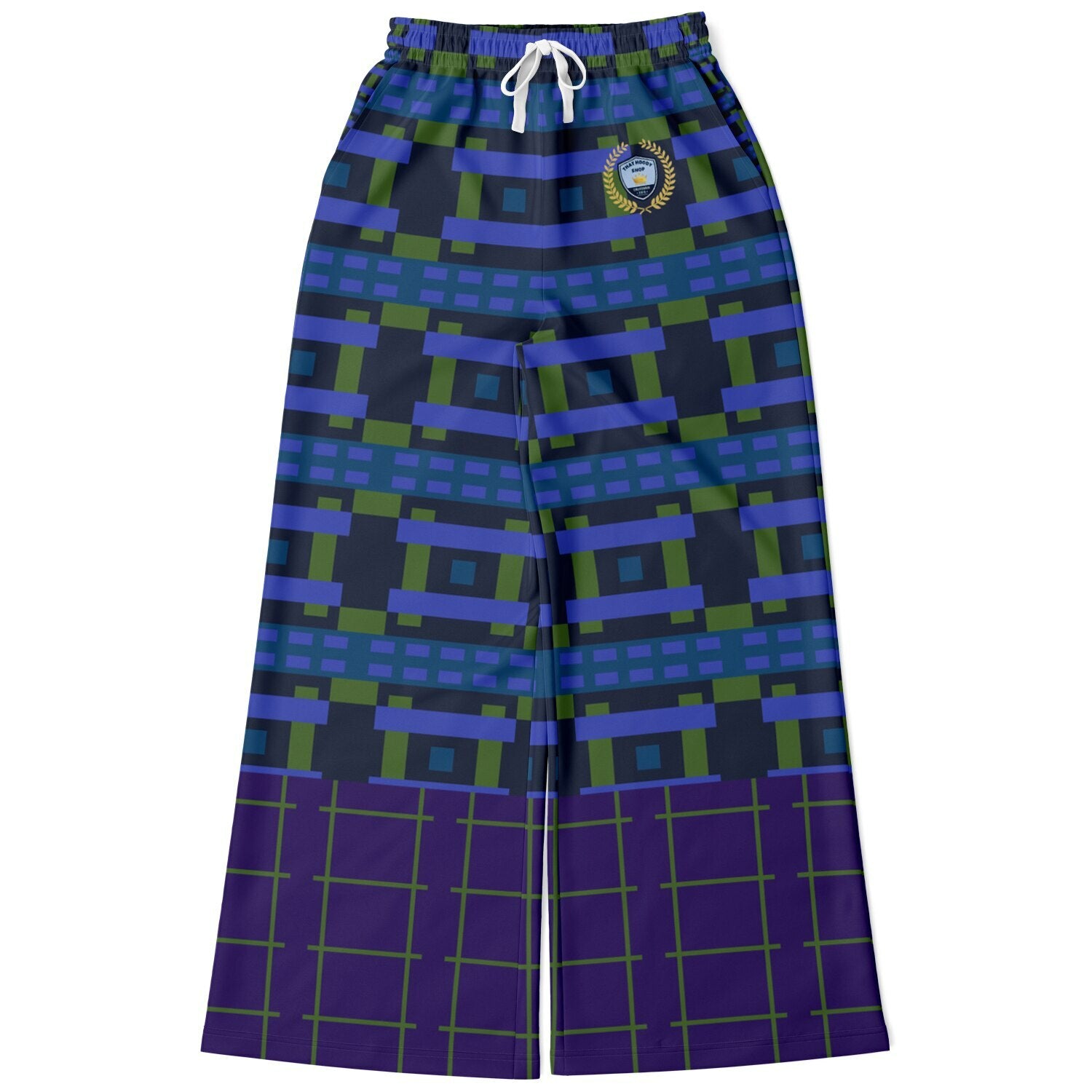Navy and Green Square Olympia Plaid Eco-Poly Wide Leg Pants