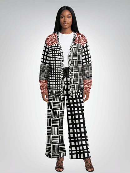 Black &amp; White Distortion Windowpane Plaid Heavyweight Unisex Cardigan
