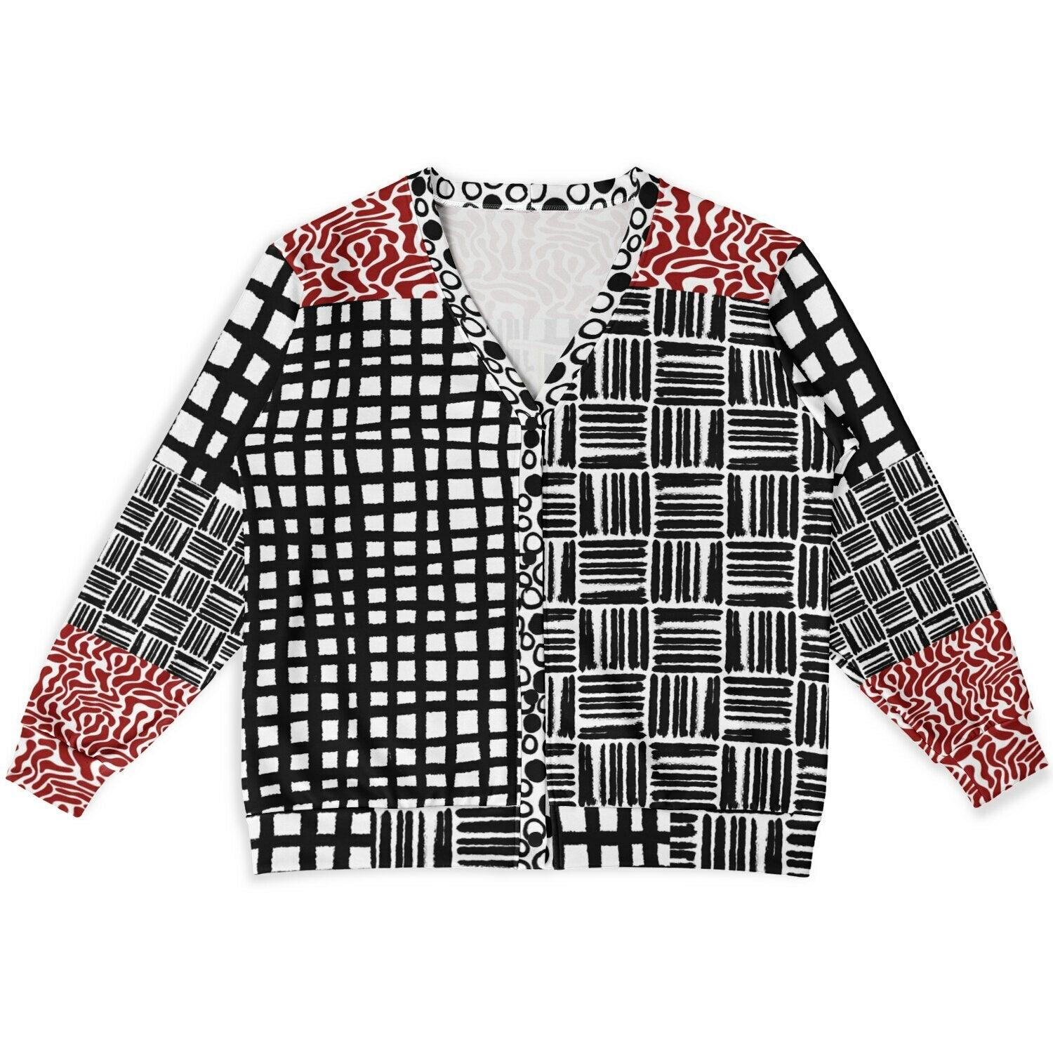 Black &amp; White Distortion Windowpane Plaid Heavyweight Unisex Cardigan