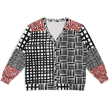 Black &amp; White Distortion Windowpane Plaid Heavyweight Unisex Cardigan