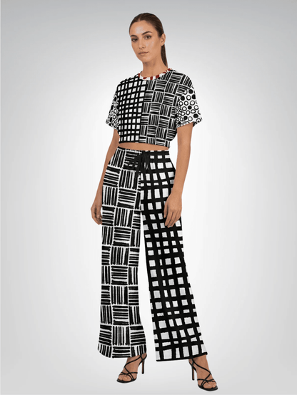 Black &amp; White Distortion Duo Windowpane Plaid Eco-Poly Short Sleeve Cropped Pullover
