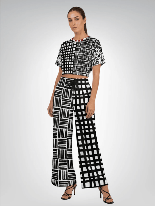 Black & White Distortion Duo Windowpane Plaid Eco-Poly Short Sleeve Cropped Pullover