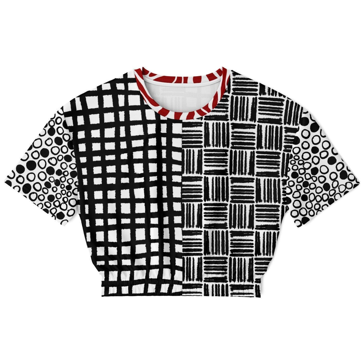 Black &amp; White Distortion Duo Windowpane Plaid Eco-Poly Short Sleeve Cropped Pullover