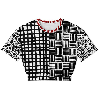 Black &amp; White Distortion Duo Windowpane Plaid Eco-Poly Short Sleeve Cropped Pullover