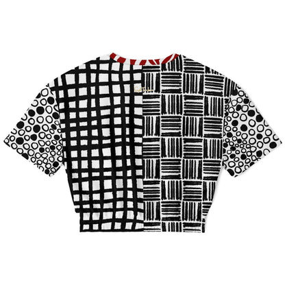 Black &amp; White Distortion Duo Windowpane Plaid Eco-Poly Short Sleeve Cropped Pullover