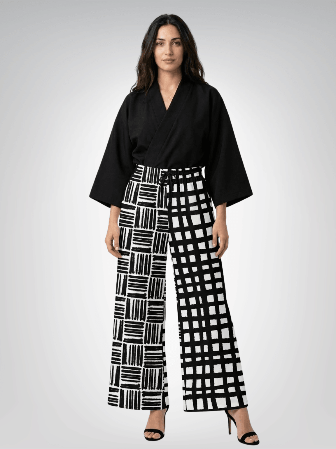 Black &amp; White Distortion Windowpane Plaid Eco-Poly Wide Leg Pants