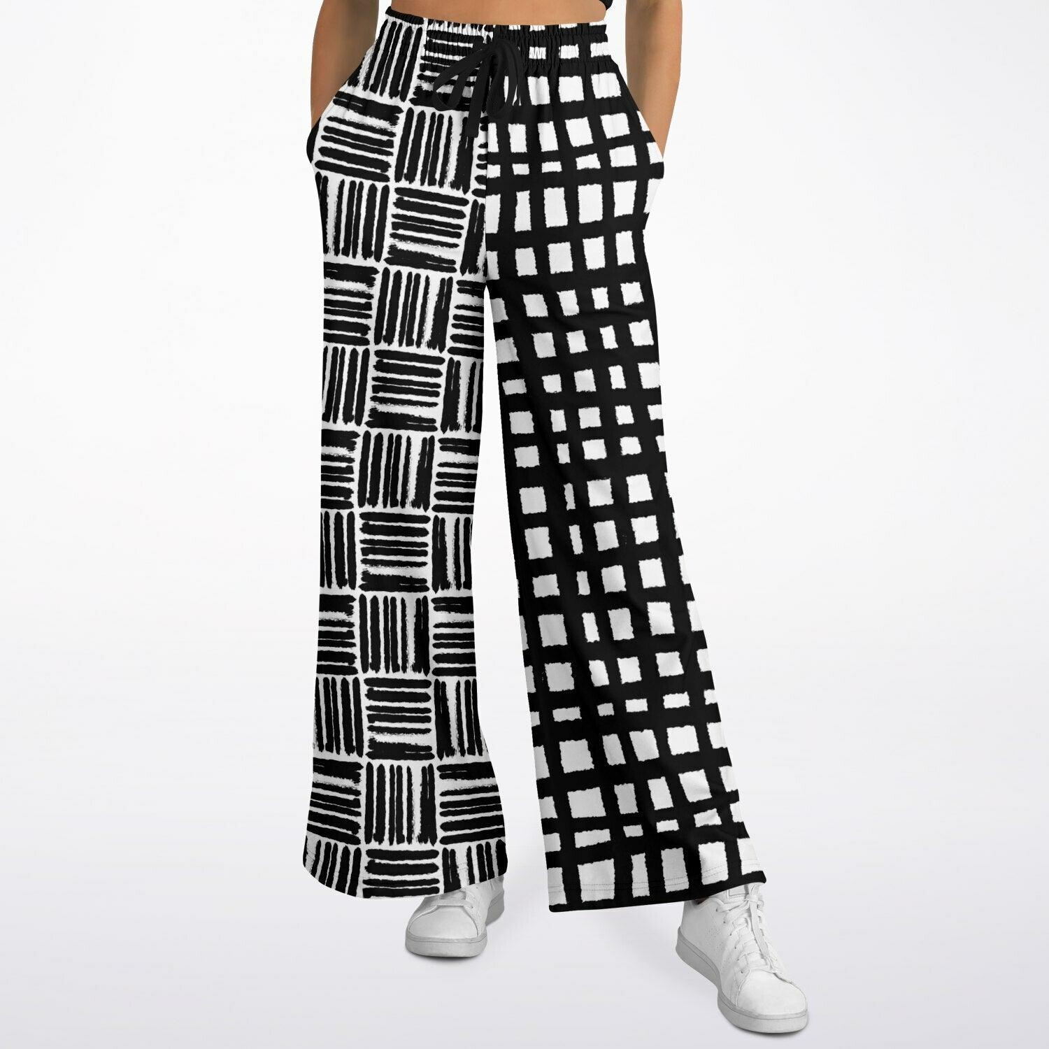 Black &amp; White Distortion Windowpane Plaid Eco-Poly Wide Leg Pants