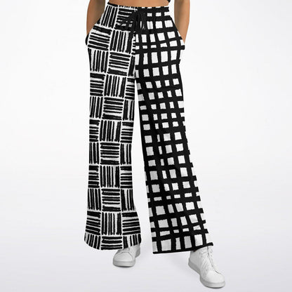 Black &amp; White Distortion Windowpane Plaid Eco-Poly Wide Leg Pants