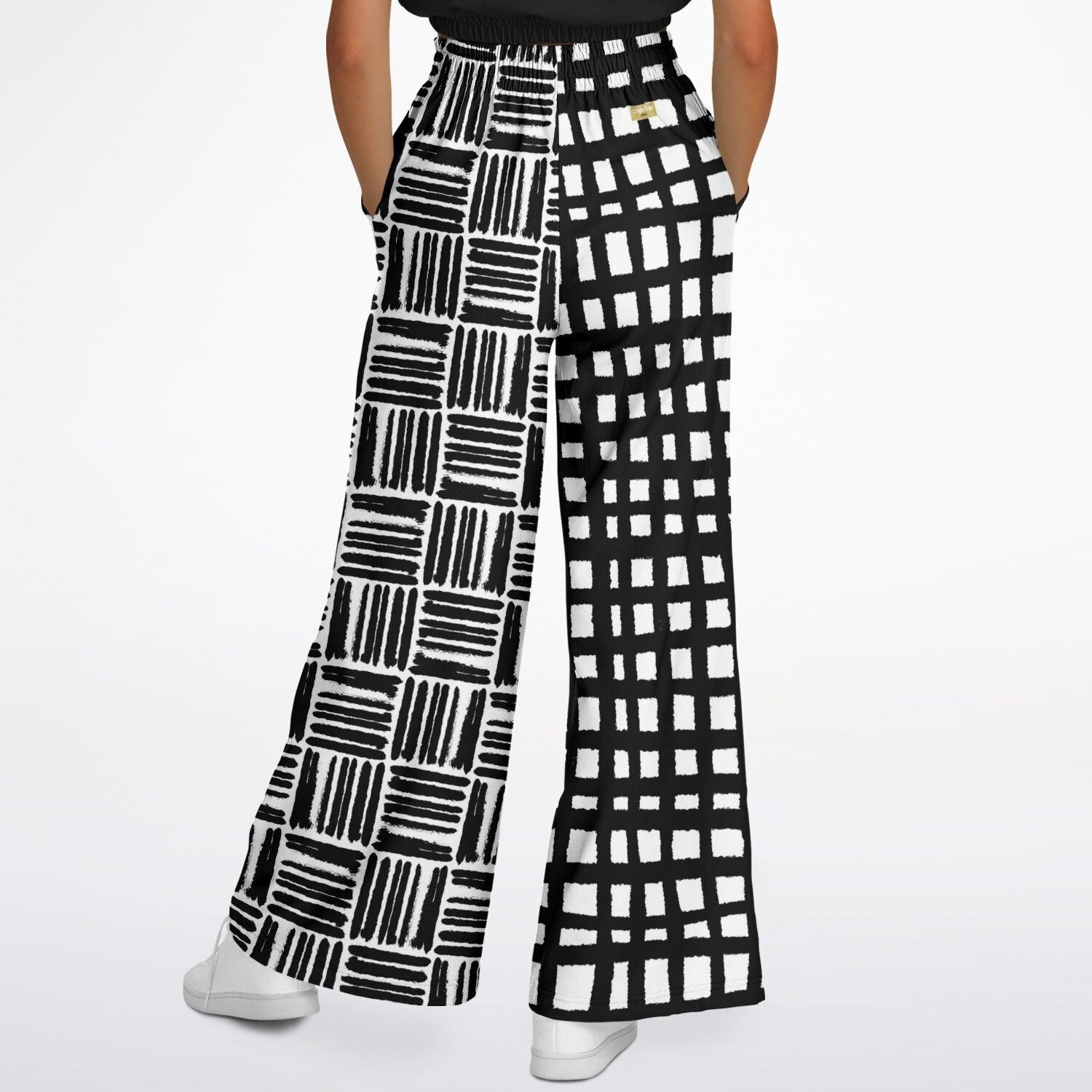 Black &amp; White Distortion Windowpane Plaid Eco-Poly Wide Leg Pants