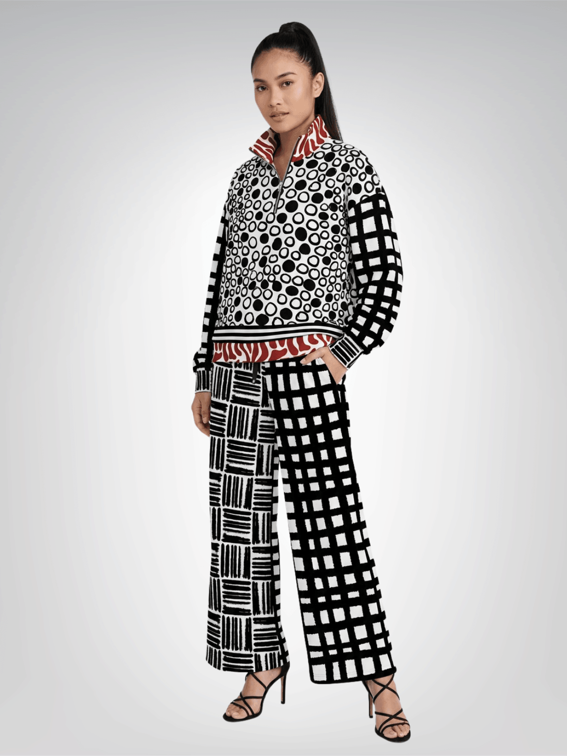 Black &amp; White Distortion Windowpane Plaid Eco-Poly Wide Leg Pants