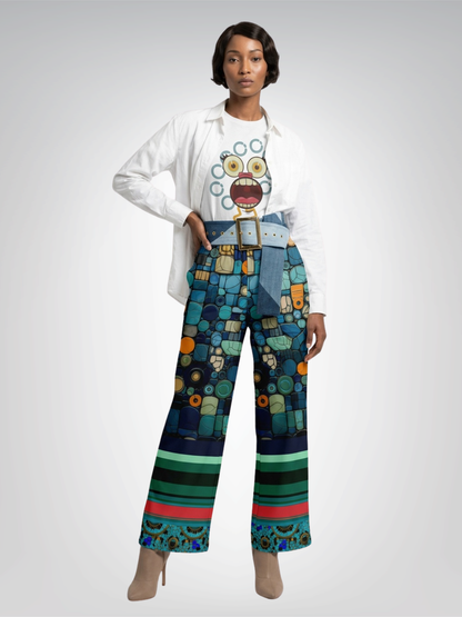 Frog on Koi Pond in Mosaic and Stripe Eco-Poly Wide Leg Pants