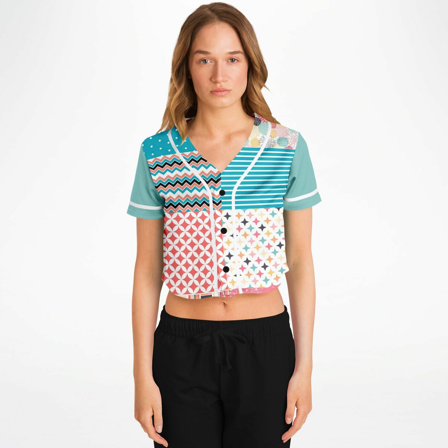 Old Miami Geo Patchwork Eco-Poly Cropped Button Front Jersey