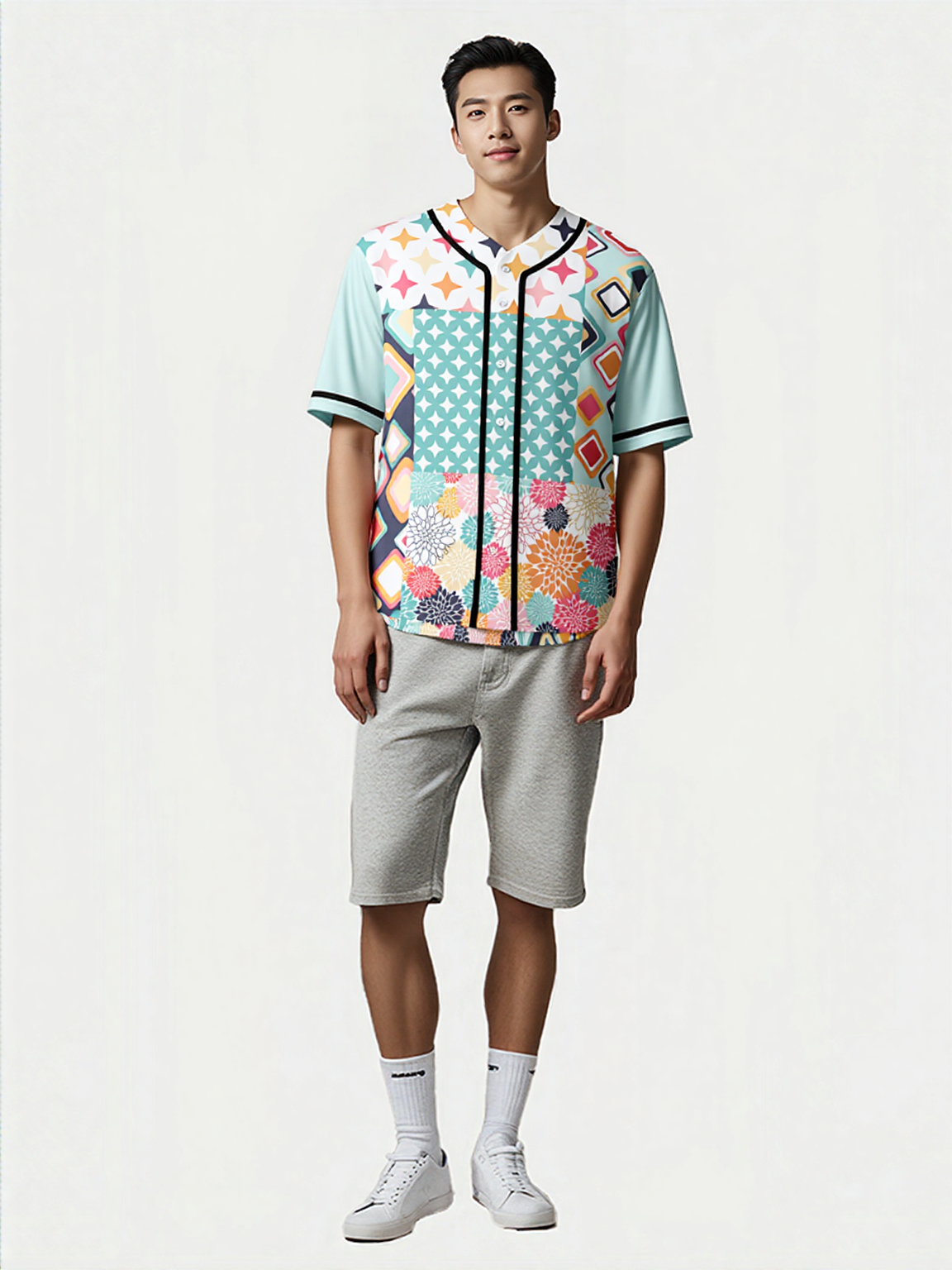 Old Miami Geo Trefoil Patchwork Eco-Poly Button Front Jersey