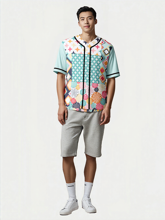 Old Miami Geo Trefoil Patchwork Eco-Poly Button Front Jersey