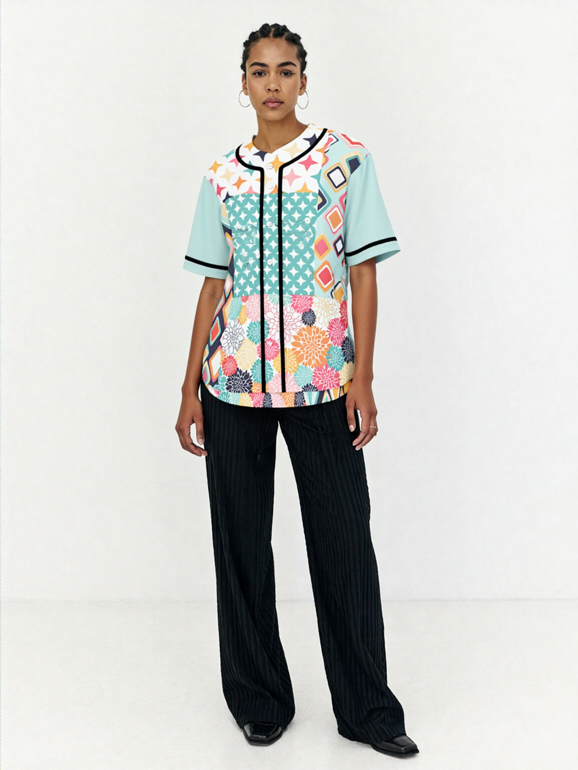 Old Miami Geo Trefoil Patchwork Eco-Poly Button Front Jersey