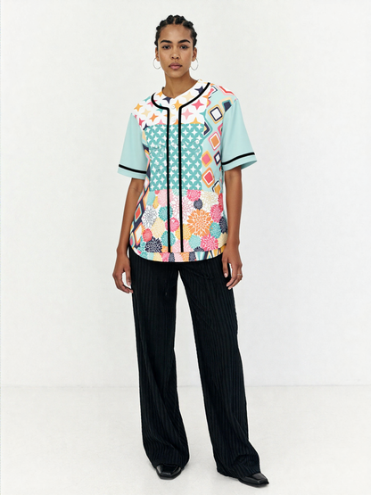 Old Miami Geo Trefoil Patchwork Eco-Poly Button Front Jersey